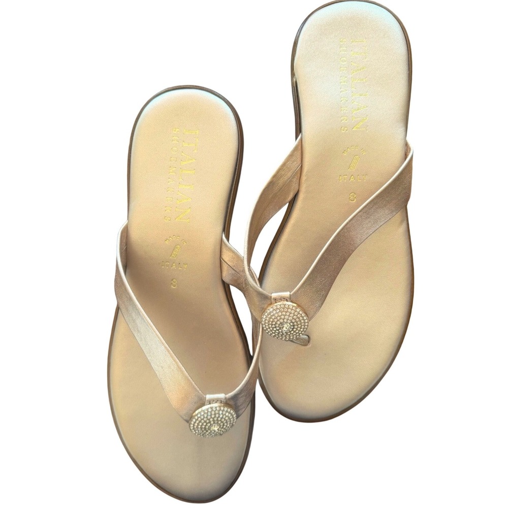 Italian Shoemakers Womens Gold Metallic Rhinestone Wedge Thong Sandals Size 8